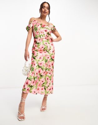 cold shoulder satin midaxi dress in pink floral-Multi