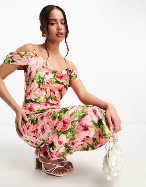 Pink Floral Satin Puff Sleeve Corset Midaxi Dress