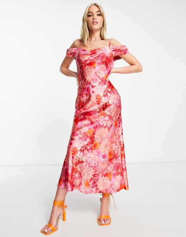 Hope & Ivy cold shoulder satin midi dress in red and pink floral