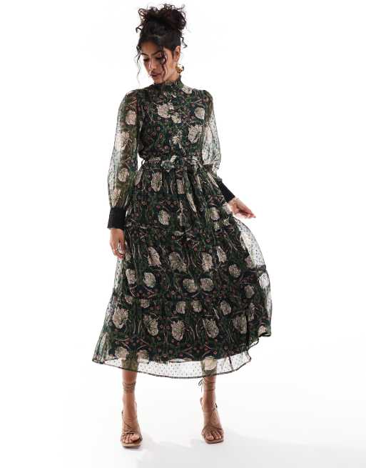 Hope & Ivy - Collaboration avec The William Morris Society - Robe mi-longue boutonnée foncée à fleurs avec liens à la taille