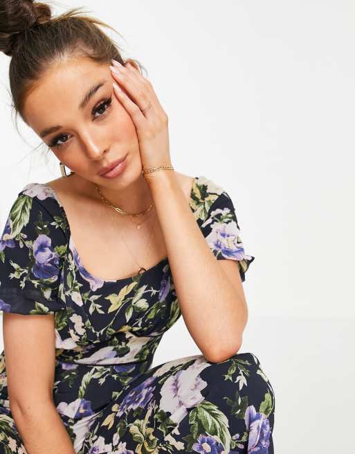 Hope & Ivy - Combinaison ample à manches bouffantes avec motif floral - Bleu marine, 3 de 4
