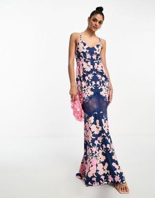 contrast lace floral maxi dress in navy-Blue