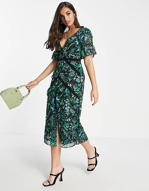 Hope & Ivy contrast lace midi tea dress in blue and green floral