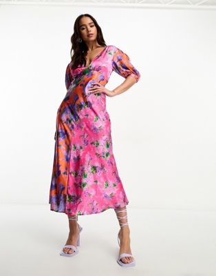Hope & Ivy Contrast Print Satin Midi Dress In Pink-multi
