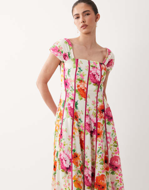 Hope & Ivy corset asymmetric skirt maxi dress in pink green floral - view 1