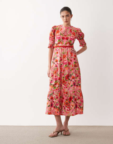 Hope & Ivy cotton bow back midi tea dress in pink floral - view 1