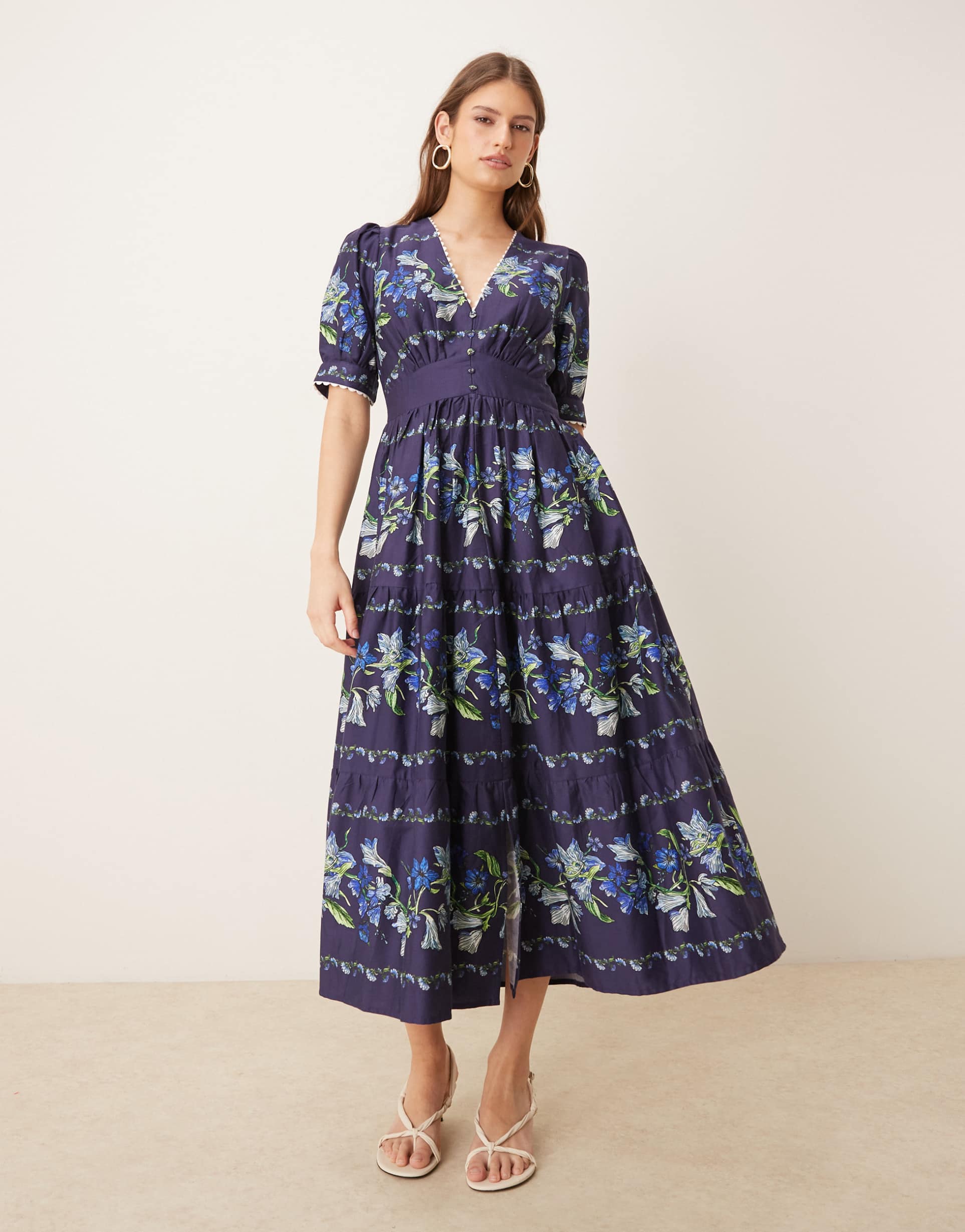 hope & ivy cotton button front v neck midi dress in navy floral