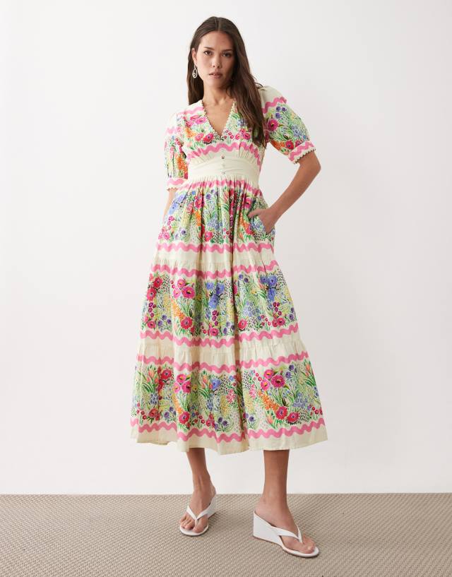 Hope & Ivy cotton v-neck puff sleeve smock midi dress in white and pink floral