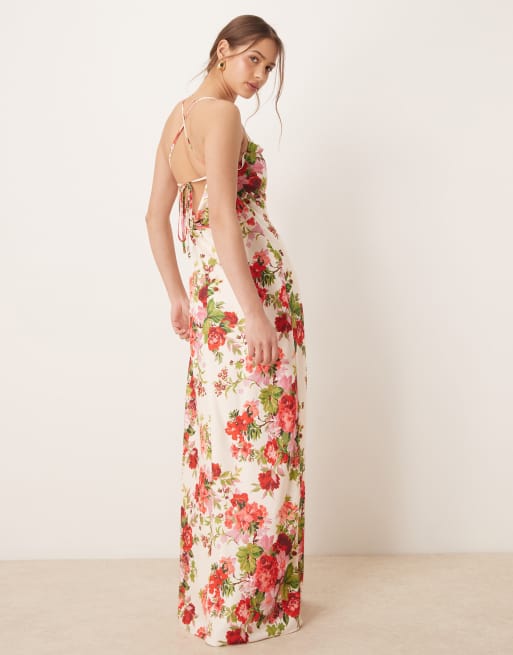 Hope & Ivy cowl neck cross back maxi dress with thigh split in white red floral, 3 of 4