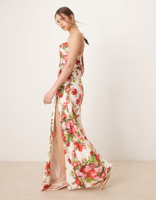 Hope & Ivy cowl neck cross back maxi dress with thigh split in White red floral