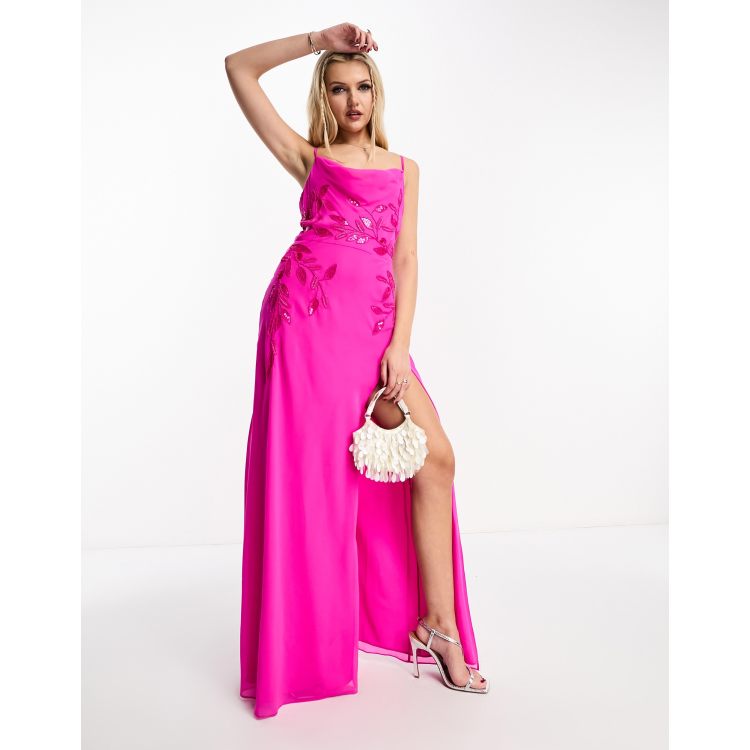 Hope & Ivy cowl neck embellished maxi dress in bright pink