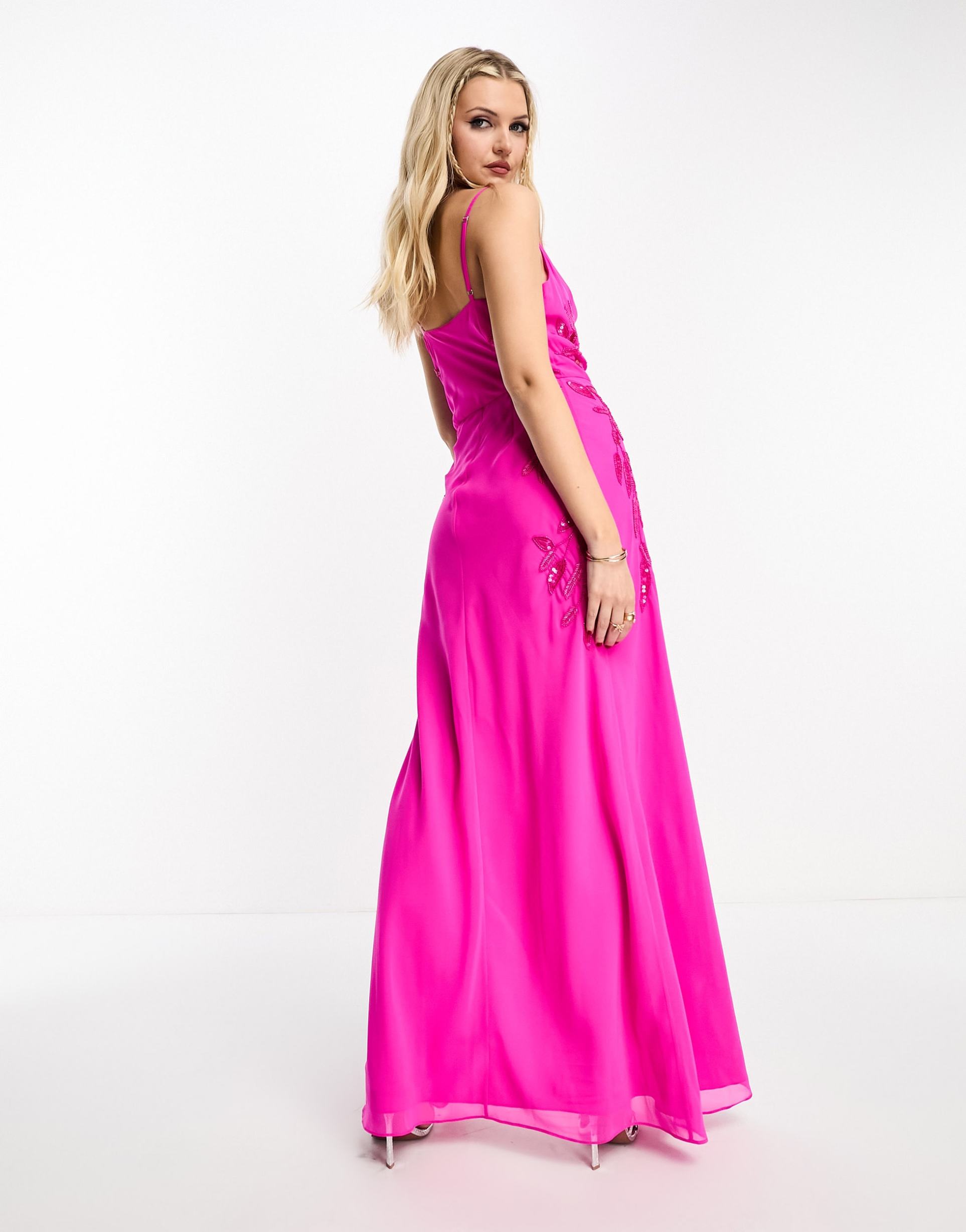hope & ivy cowl neck embellished maxi dress in bright pink