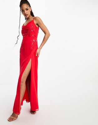 cowl neck embellished maxi dress in red