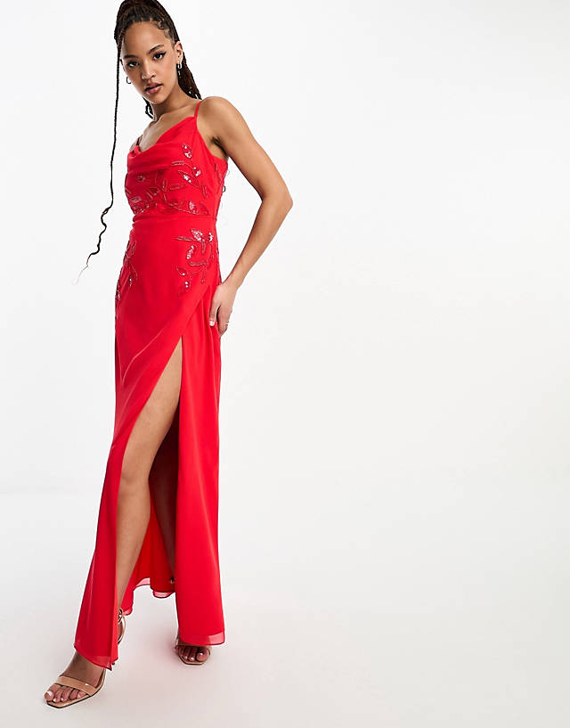 Hope & Ivy - cowl neck embellished maxi dress in red