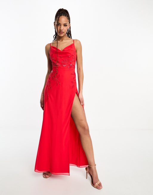 ASOS EDITION satin statement cowl neck maxi dress in red