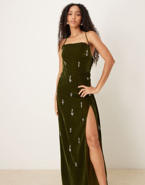 Hope & Ivy cowl neck embellished velvet maxi dress in khaki