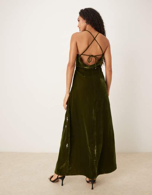 Hope & Ivy cowl neck embellished velvet maxi dress in khaki, 4 of 4