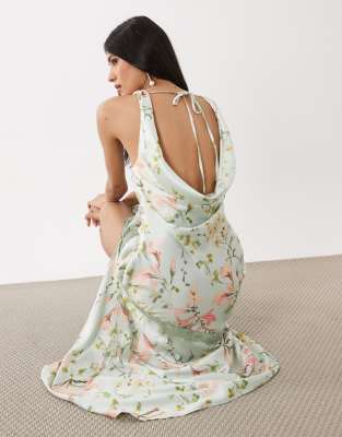 Hope & Ivy Cowl Neck Lace Trim Satin Midi Dress In Green