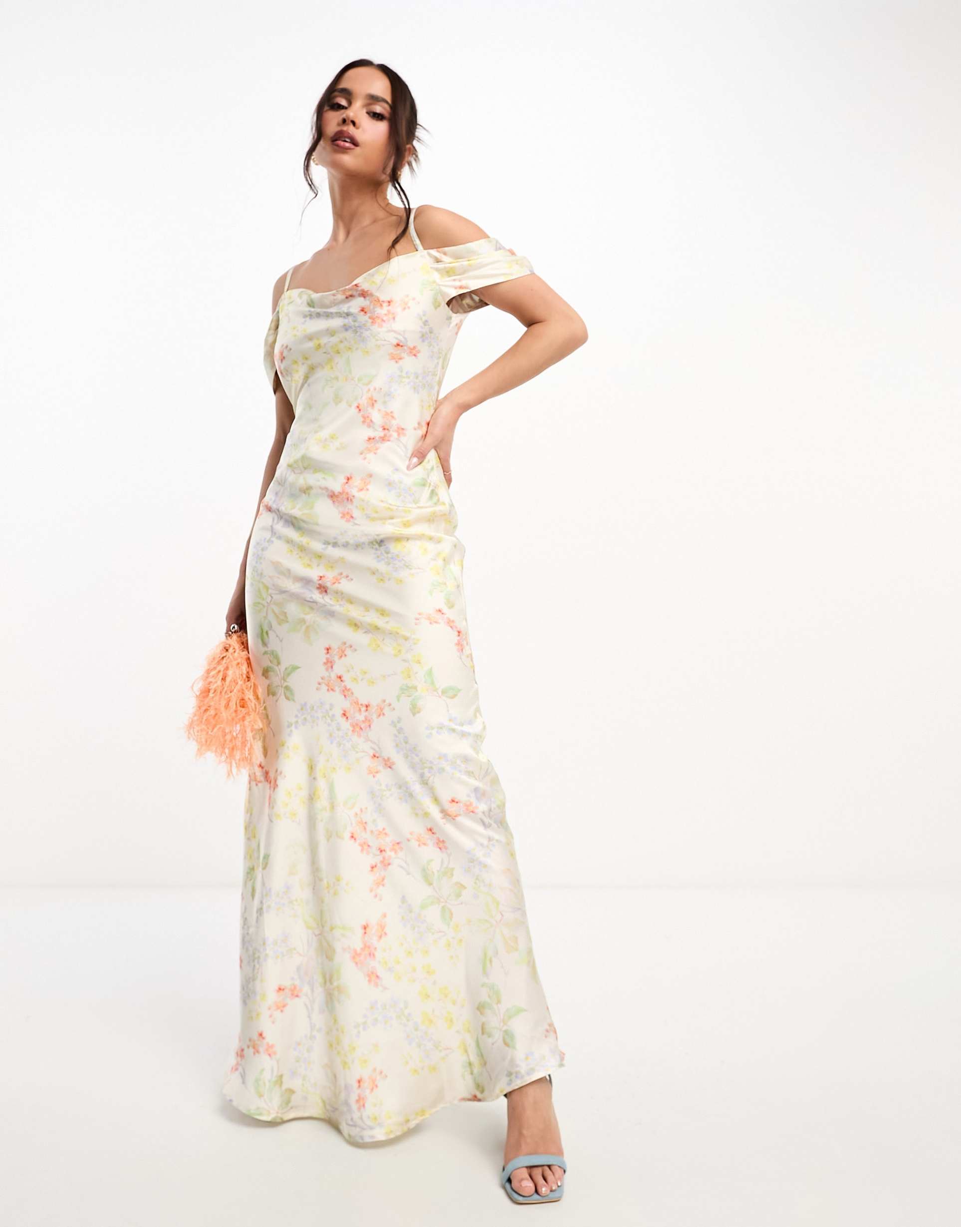 hope & ivy cowl neck satin maxi dress in ivory floral