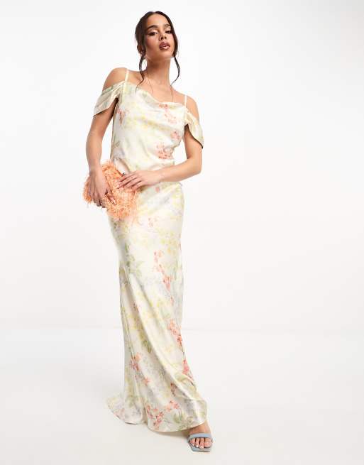 Vannavari Ivory Cowl Neck Satin Maxi Dress