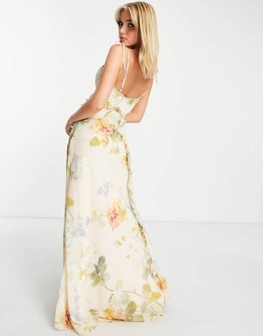 Hope & Ivy - Cremefarvet maxikjole med rynket bryst og blomstermønster, 2 af 4