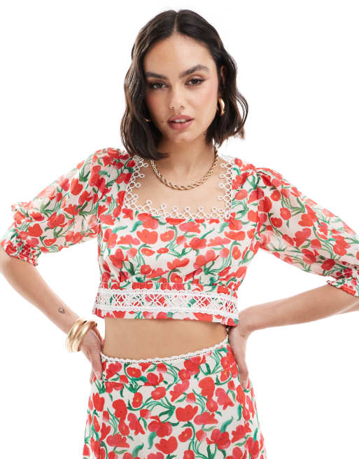 Hope & Ivy - Crop top con maniche a palloncino e stampa di ciliegie in coordinato