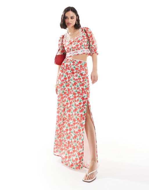Hope & Ivy - Crop top con maniche a palloncino e stampa di ciliegie in coordinato, 2 di 4