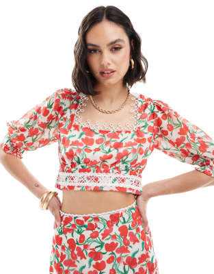 Hope & Ivy Hope & Ivy crop top with balloon sleeves in cherry print co-ord-Multi