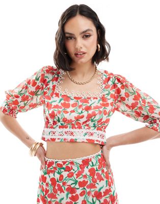 crop top with balloon sleeves in cherry print - part of a set-Multi
