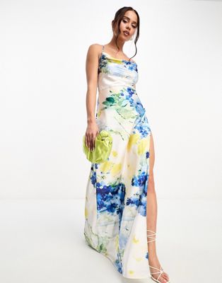 Hope & Ivy cross back satin maxi dress in blue floral - ASOS Price Checker