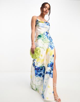 Hope & Ivy cross back satin maxi dress in blue floral