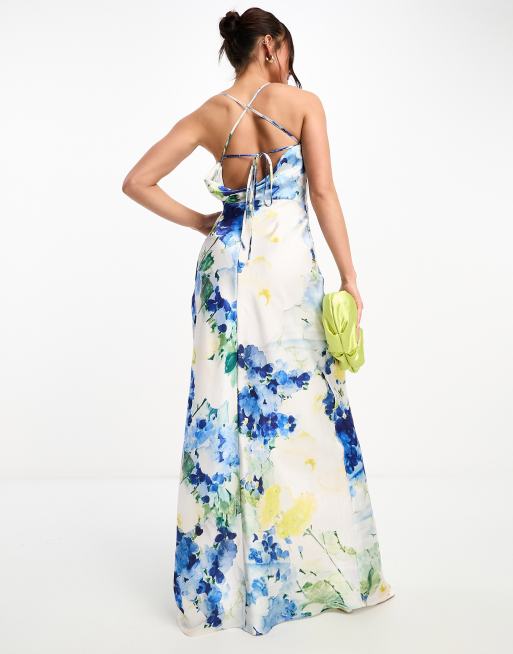 Hope Ivy cross back satin maxi dress in blue floral ASOS