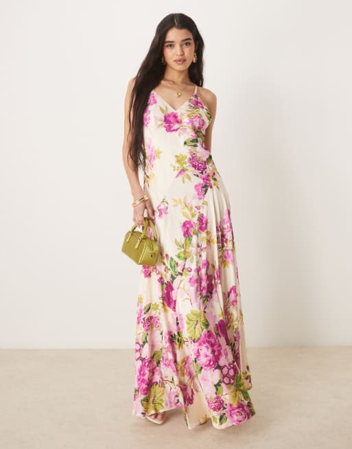 Hope & Ivy cross back strappy maxi dress in white pink floral