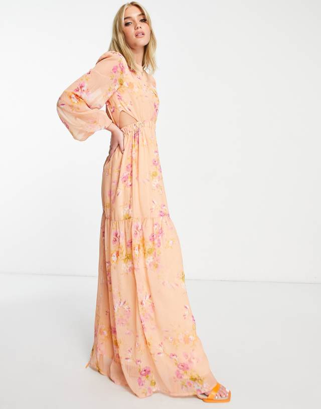 Hope & Ivy cut-out balloon sleeve maxi dress in peach and ochre floral