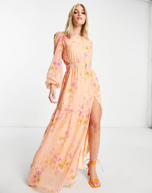 Peach maxi dress with sleeves sale