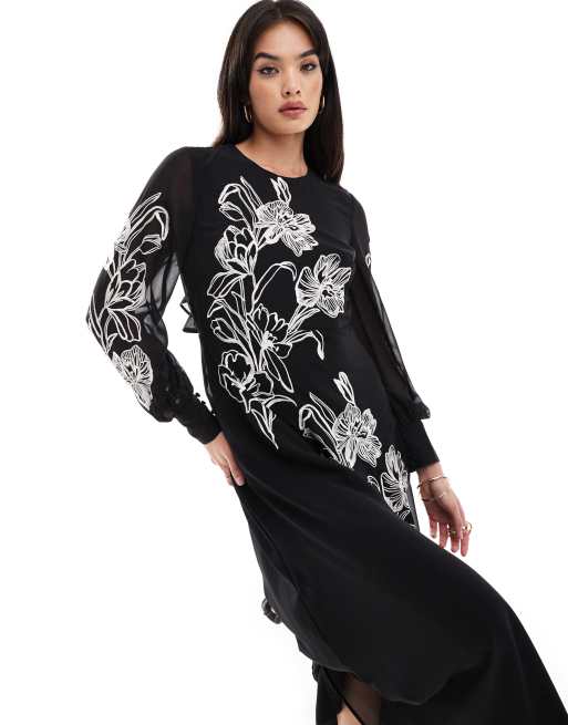 Hope & Ivy – Czarno-biała sukienka maxi premium z haftowanym wzorem, 4 z 4