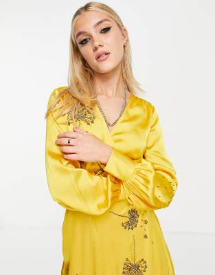 Hope & Ivy Dandelion Embellished Wrap Mini Dress In Golden Yellow | ModeSens