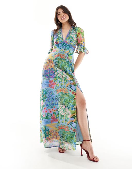 Hope & Ivy - Diepuitgesneden maxi jurk met uitlopende mouwen in blauw met bloemenprint