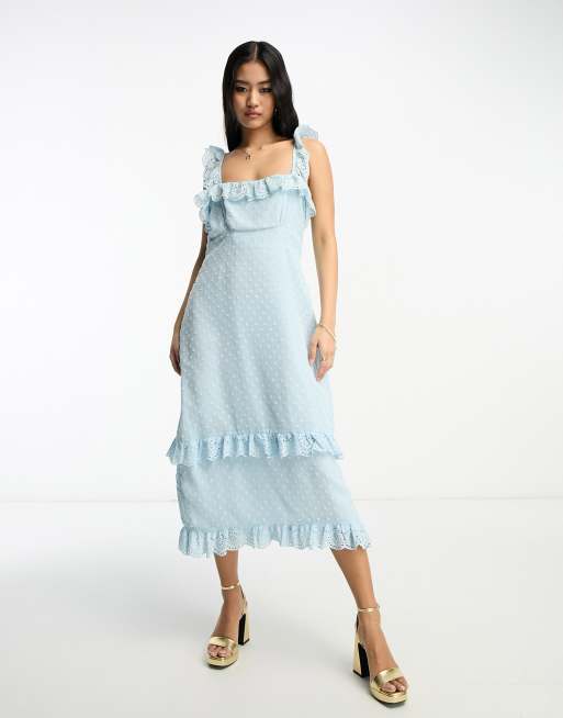 Hope Ivy dobby spot frill midi dress in duck egg blue