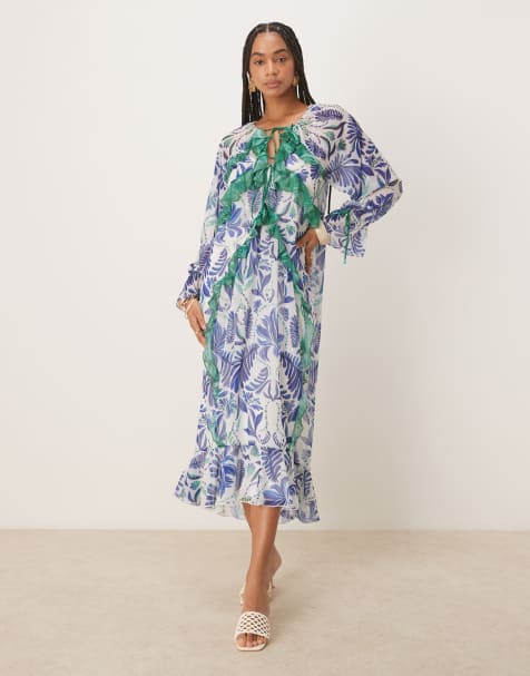 Hope & Ivy - Doorschijnende midaxi jurk met ruches in blauwe en witte palmprint - view 1