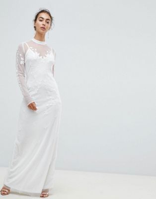 Hope & Ivy Dotty Mesh Maxi Bridal Dress With Embroidery And High Neck ...