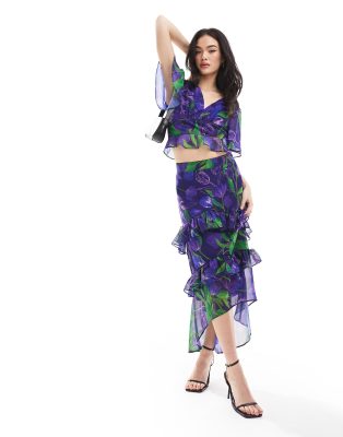 Drew ruffle midi skirt in purple & green - part of a set