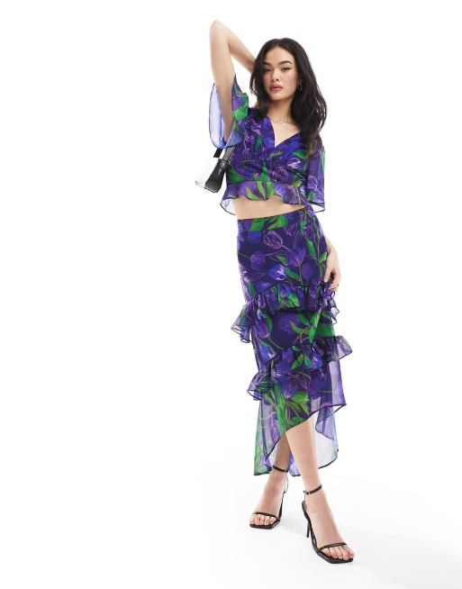 Hope & Ivy Drew ruffle midi skirt in purple & green - part of a set