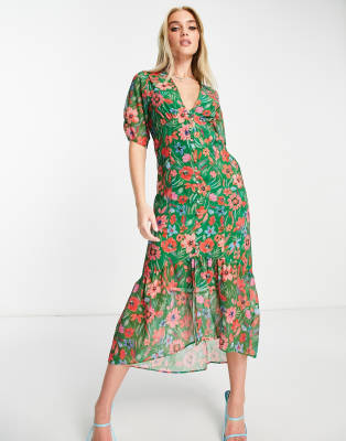 drop hem midi tea dress in green floral