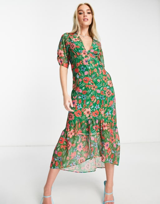 Hope & Ivy drop hem midi tea dress in green floral | ASOS