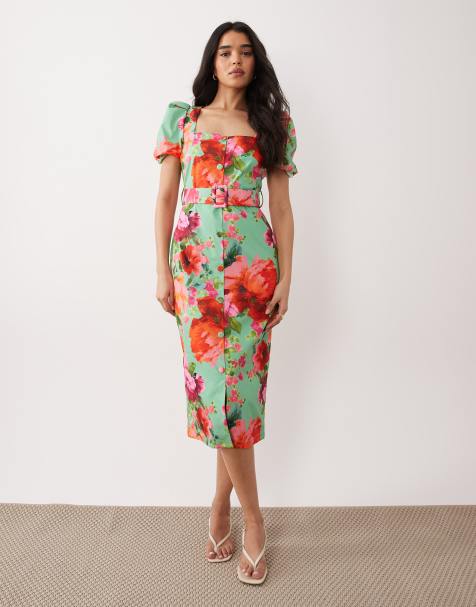 Hope & Ivy – Elastisches Midikleid in Grün mit eckigem Ausschnitt, Gürtel und Blumenmuster - view 1