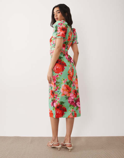 Hope & Ivy – Elastisches Midikleid in Grün mit eckigem Ausschnitt, Gürtel und Blumenmuster, 2 von 4