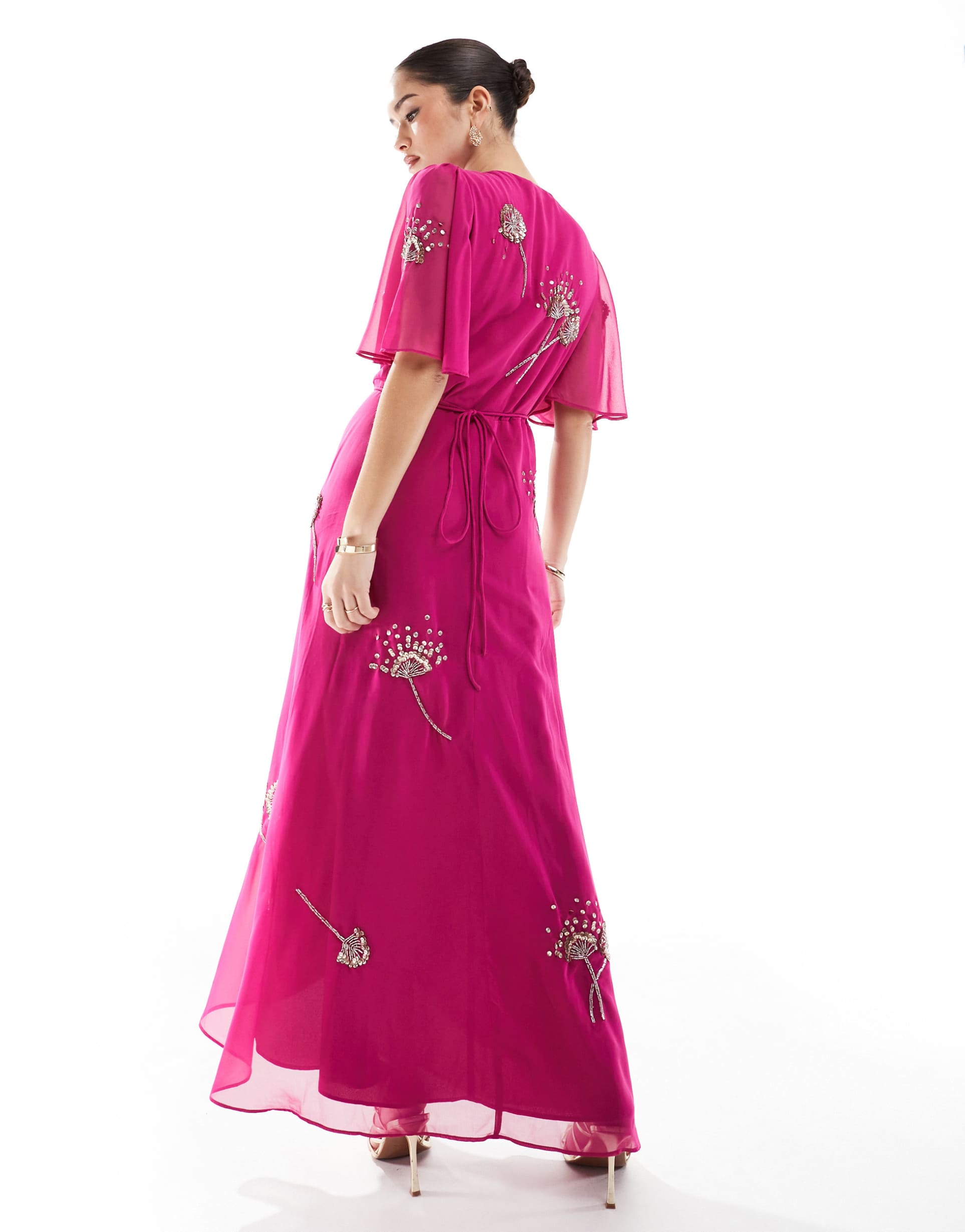 hope & ivy embellished flutter sleeve maxi wrap dress with tie waist in magenta