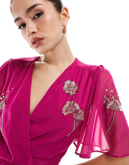 Hope & Ivy embellished flutter sleeve maxi wrap dress with tie waist in magenta, 3 of 4