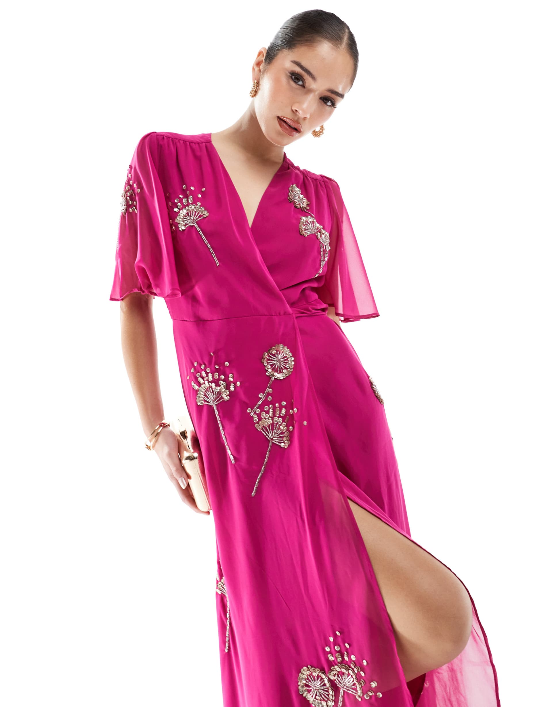 hope & ivy embellished flutter sleeve maxi wrap dress with tie waist in magenta